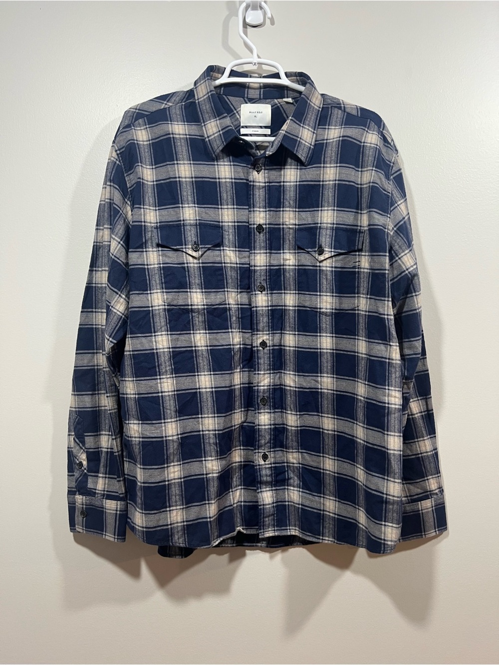 Billy Reid Navy and Cream Plaid Button-Down Shirt Size XL